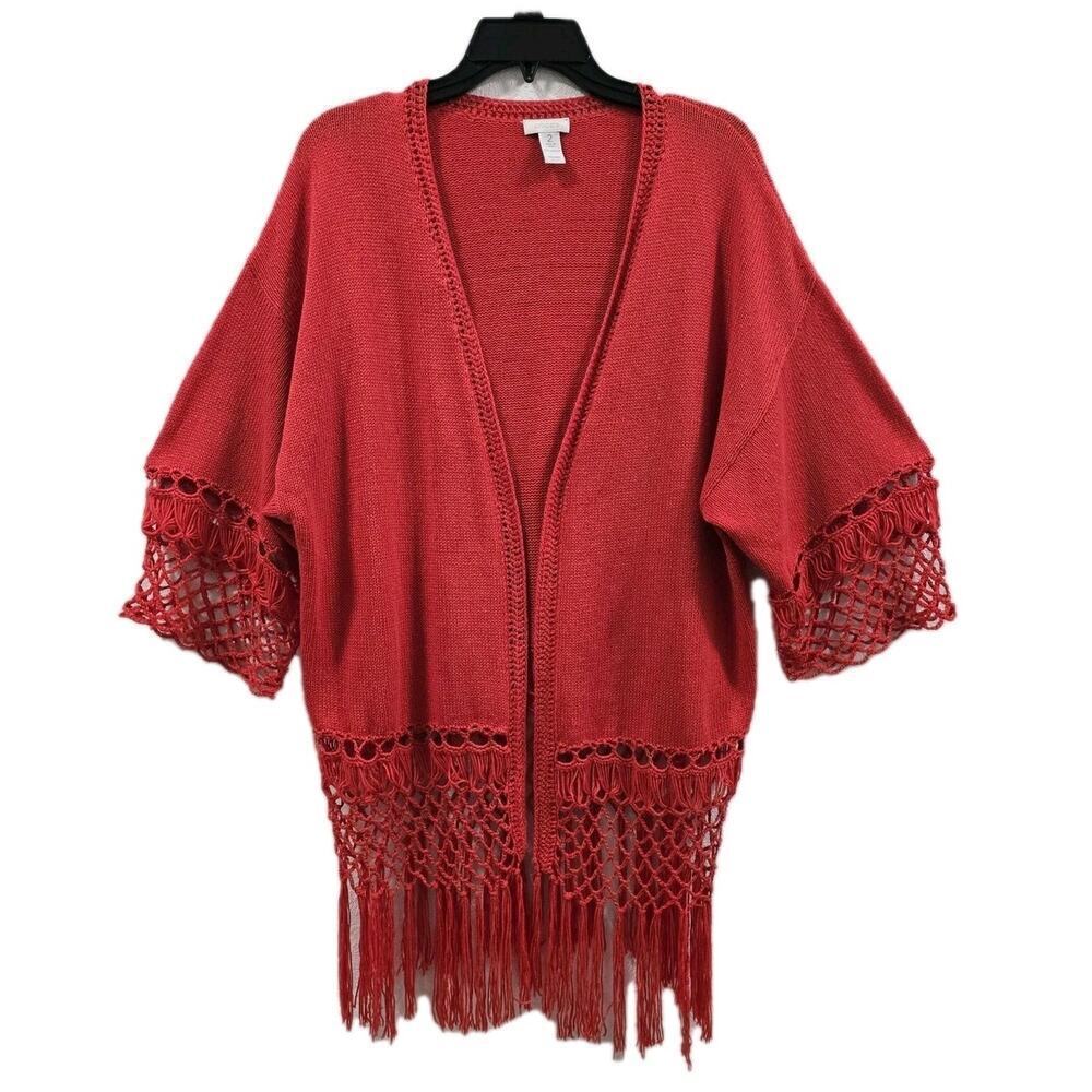 Chico's Bold Orange Fringed Open Cardigan Sweater Macrame Crochet Boho Size 2=M